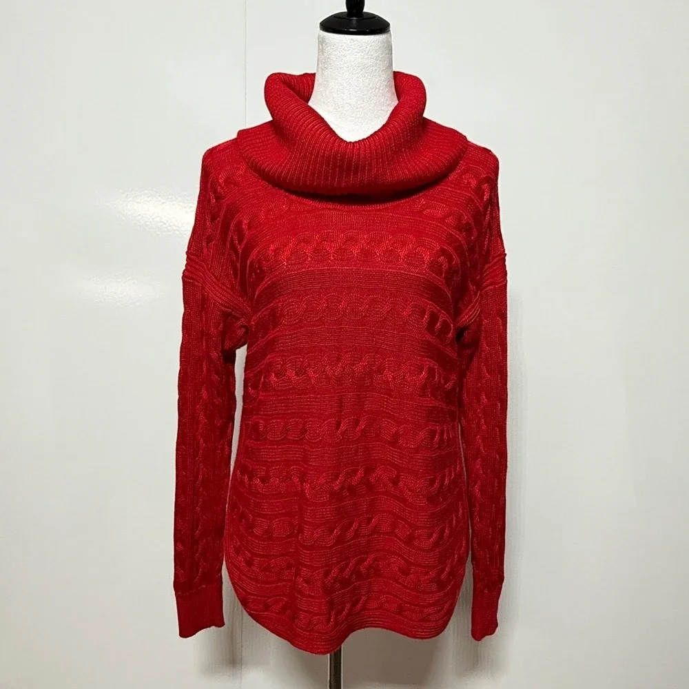 Ralph Lauren Sweaters Women Large Red Cowl Neck‎ Cable Knit Black Label